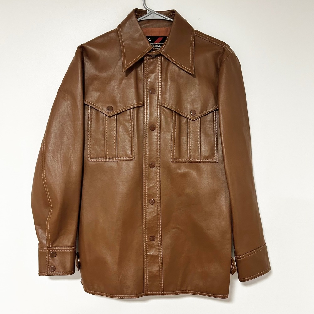 Sears The Mens Store Brown Faux‎ Leather Button Up Shirt Jacket Outerwear Size S